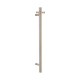 brushed nickel single upright bar heated towel rail on a white background