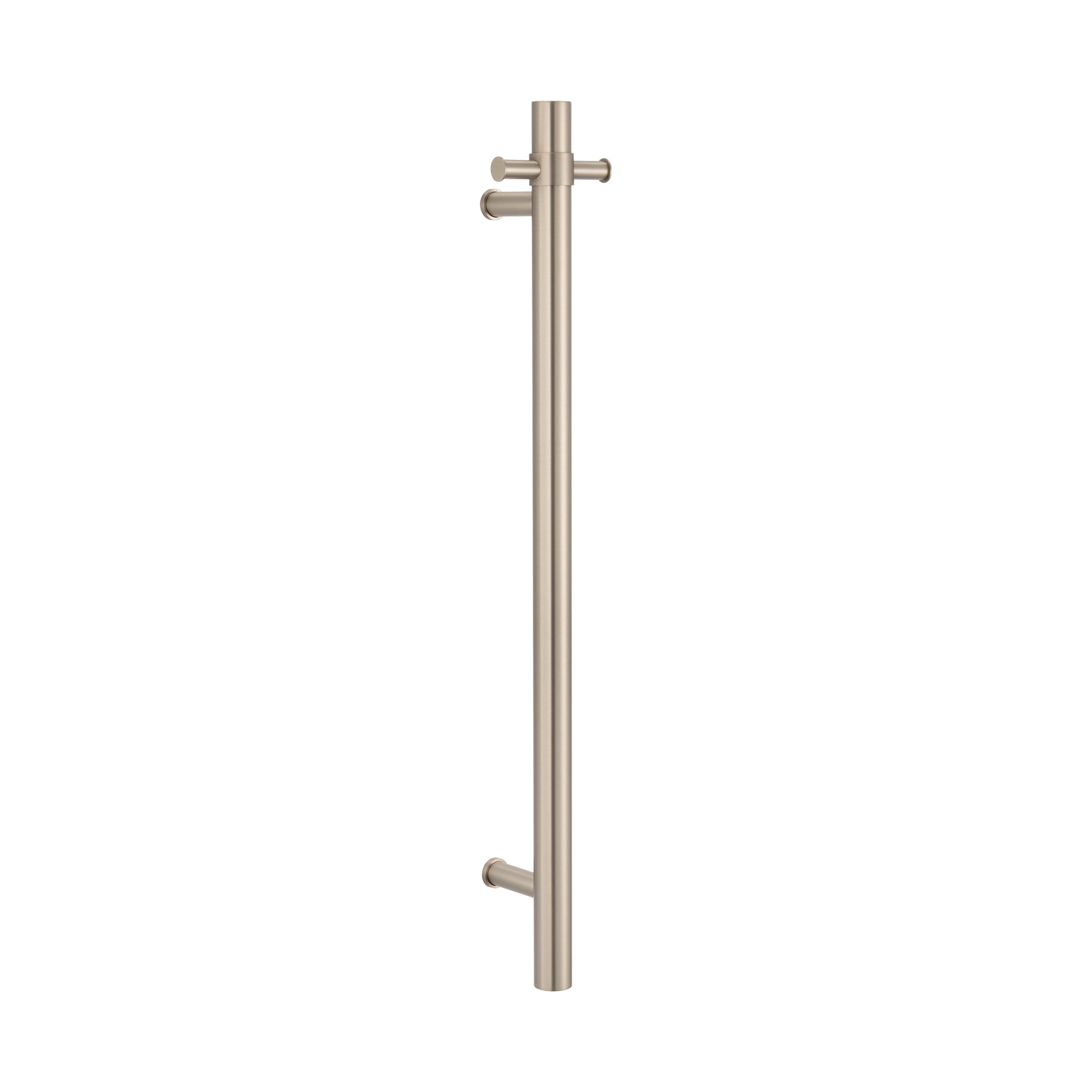 brushed nickel single upright bar heated towel rail on a white background