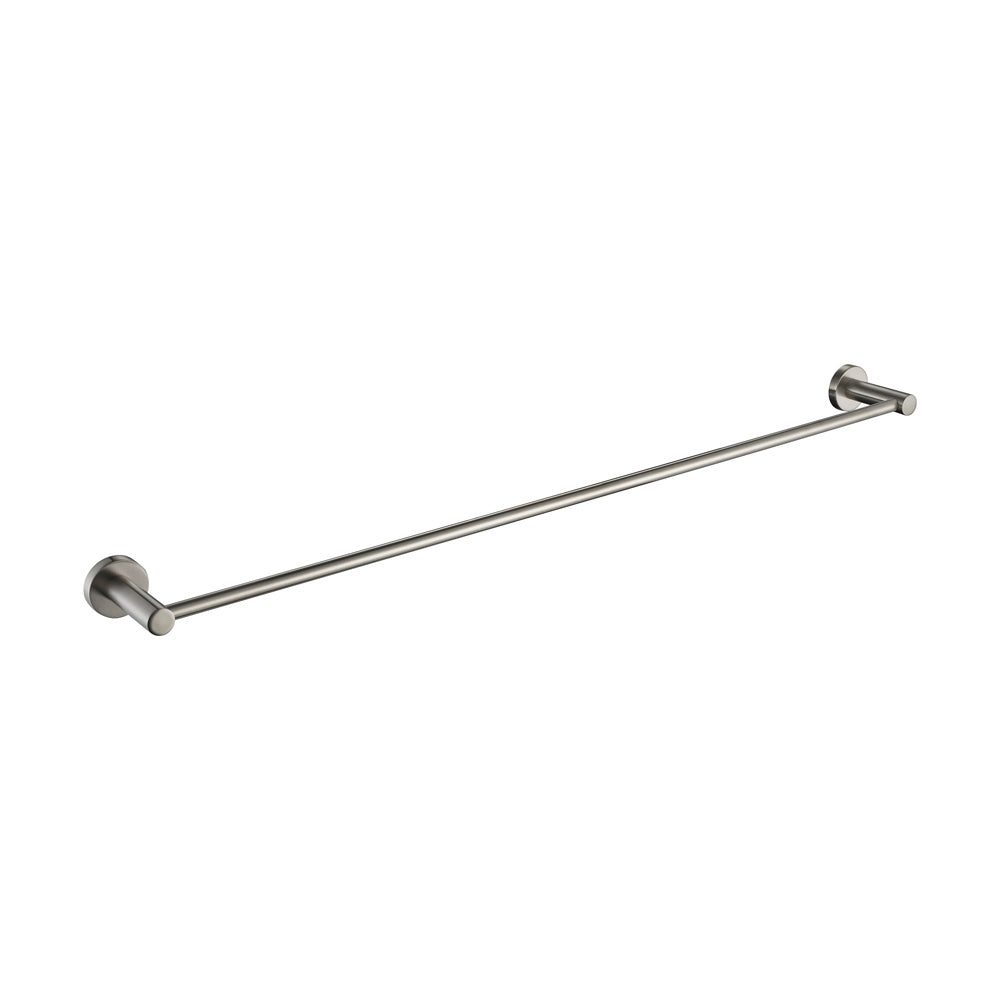 A brushed nickel single towel rail on a white background