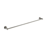 A brushed nickel single towel rail on a white background