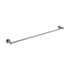 A brushed nickel single towel rail on a white background