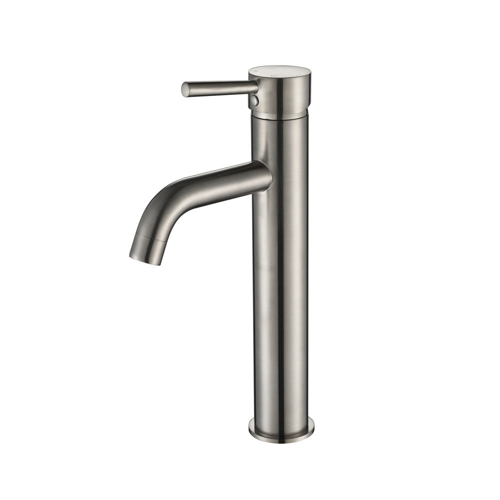 brushed nickel tall basin mixer tap on a white background