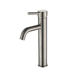 brushed nickel tall basin mixer tap on a white background