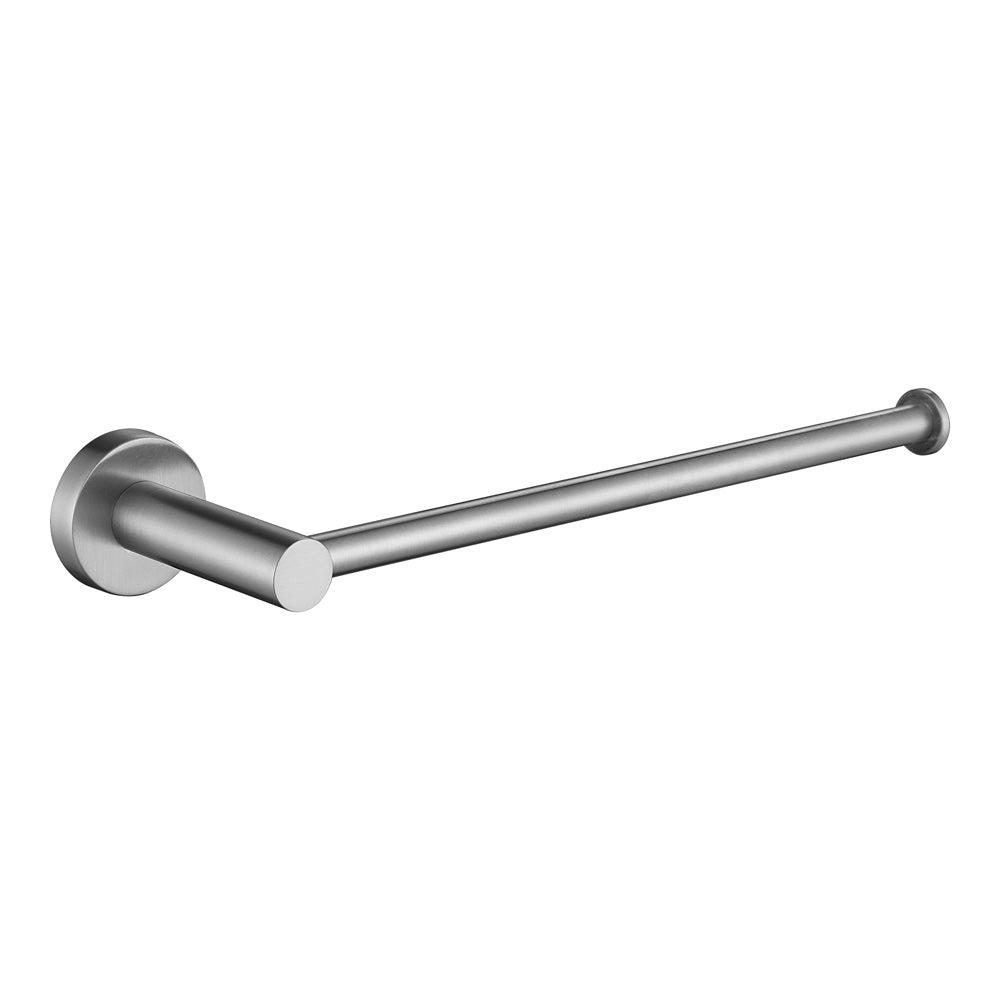 Brushed nickel hand towel holder rail on a white background