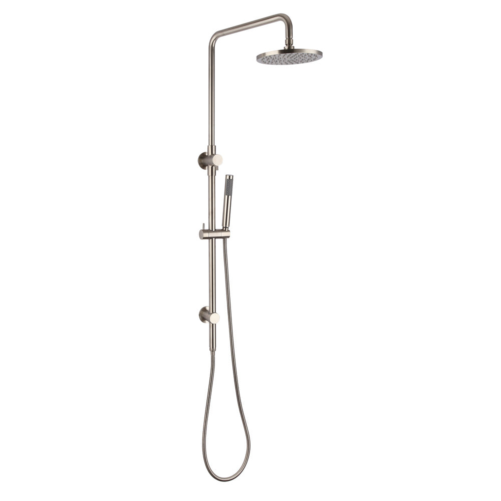 brushed nickel dual shower with handheld wand and diverter on a white background