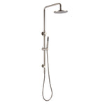 brushed nickel dual shower with handheld wand and diverter on a white background