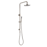 brushed nickel dual shower with handheld wand and diverter on a white background