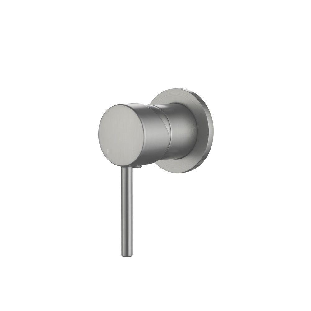 A brushed nickel wall-mounted mixer tap for bathroom basins.