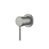 A brushed nickel wall-mounted mixer tap for bathroom basins.