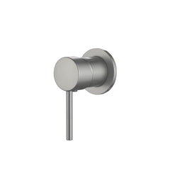 A brushed nickel wall-mounted mixer tap for bathroom basins.