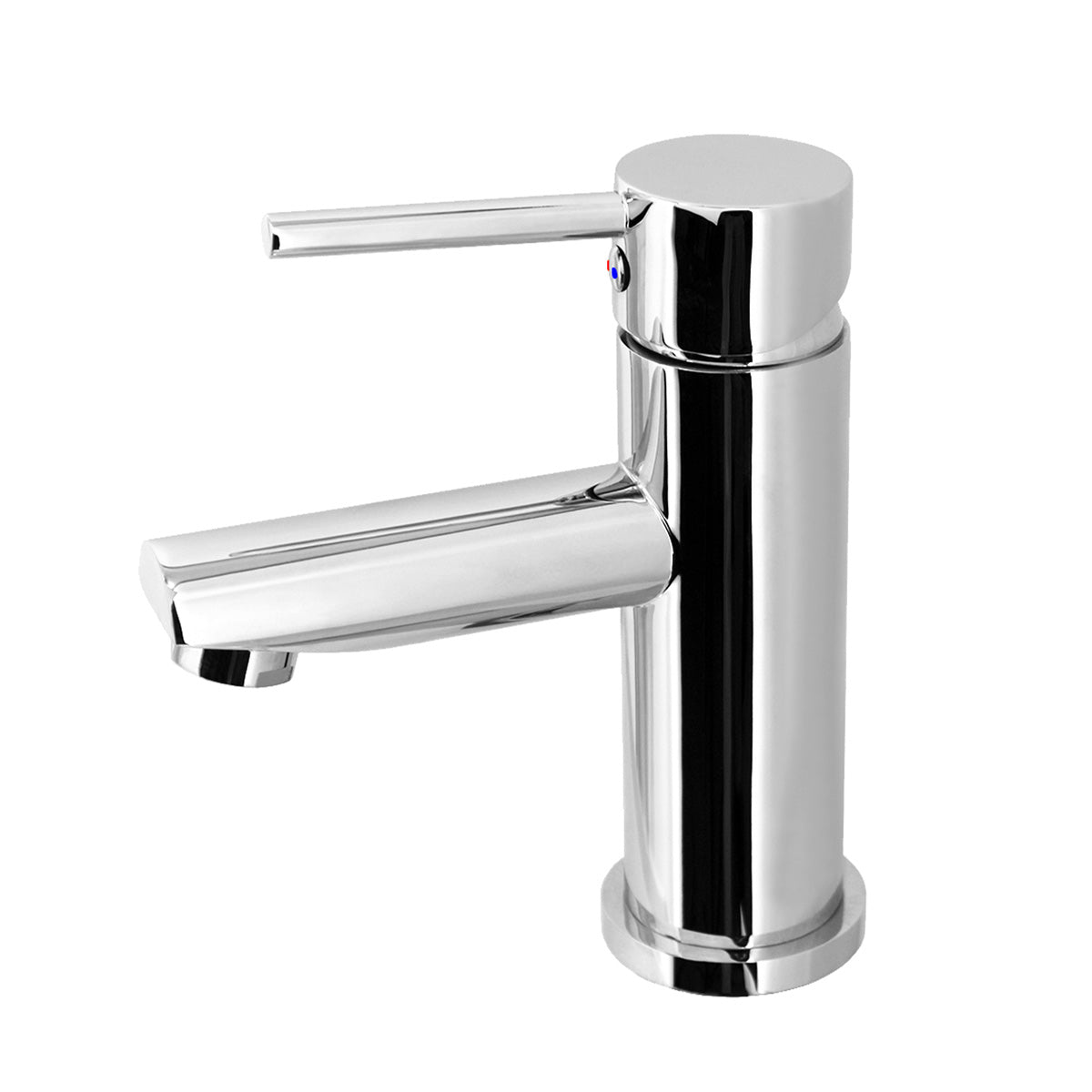 A chrome basin mixer tap with a round spout on a white background
