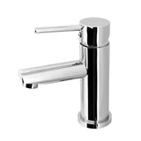 A chrome basin mixer tap with a round spout on a white background