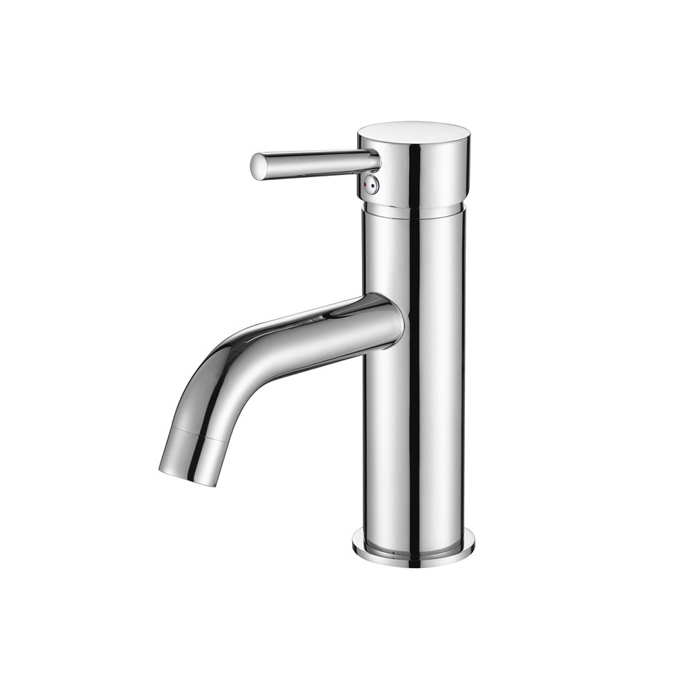 A chrome basin mixer tap with a curved spout on a white background
