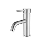 A chrome basin mixer tap with a curved spout on a white background