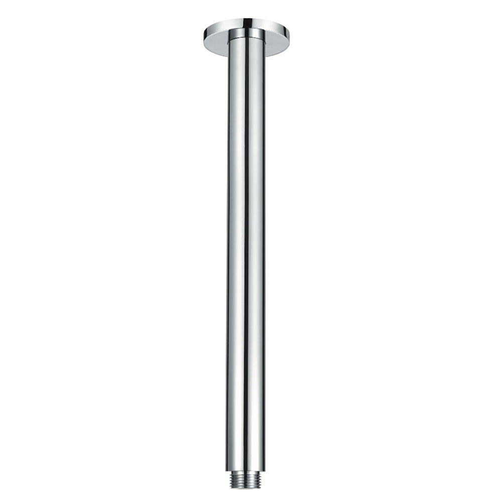 A chrome ceiling mounted arm, designed for holding shower heads, on a white background