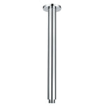 A chrome ceiling mounted arm, designed for holding shower heads, on a white background