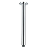A chrome ceiling mounted arm, designed for holding shower heads, on a white background