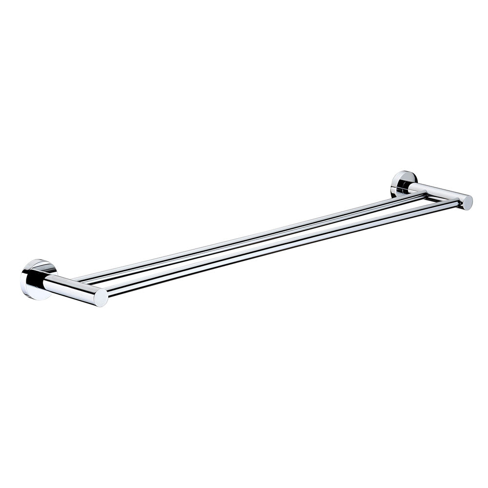 A chrome double towel rail wall mounted set against a white background