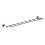 A chrome double towel rail wall mounted set against a white background