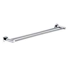 A chrome double towel rail wall mounted set against a white background