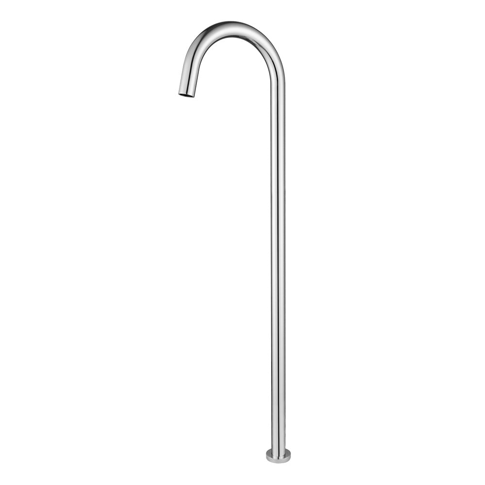 A chrome floor bath spout, with a curved design, set against a white background