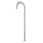 A chrome floor bath spout, with a curved design, set against a white background