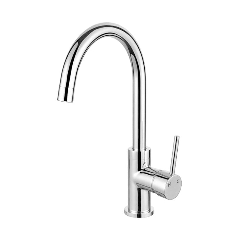 a chrome kitchen laundry mixer tap with a gooseneck on a white background