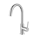 a chrome kitchen laundry mixer tap with a gooseneck on a white background