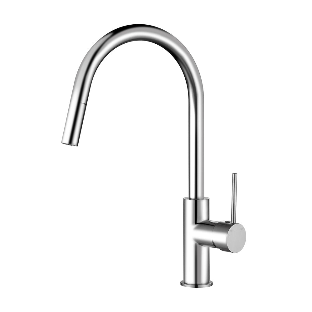 a chrome pull out kitchen laundry mixer tap with a gooseneck on a white background