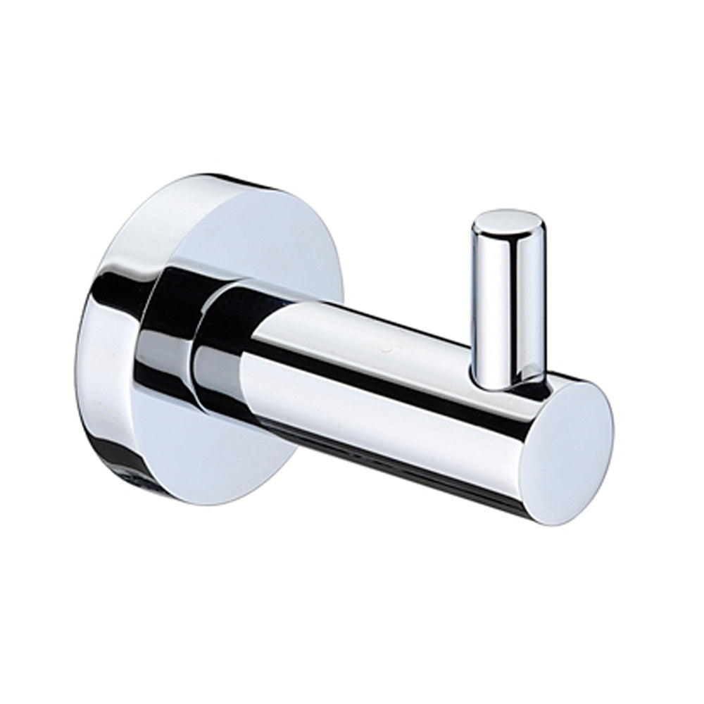 A single chrome robe hook with a round base and a single hook wall mounted on a white background