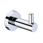 A single chrome robe hook with a round base and a single hook wall mounted on a white background
