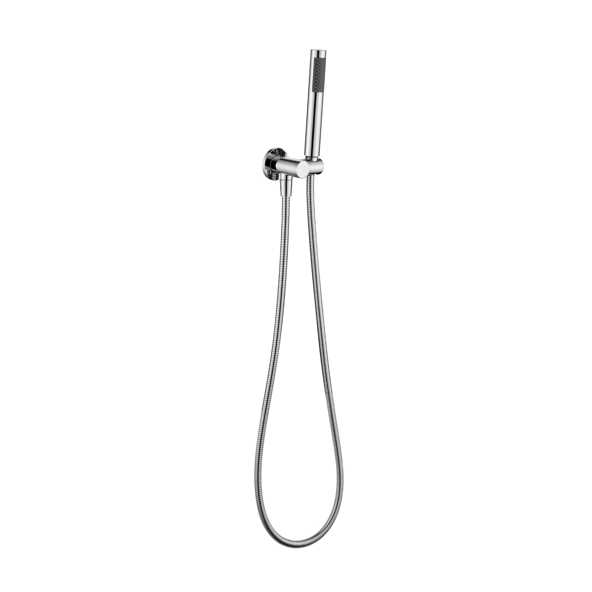 a chrome shower handpiece mounted on a bracket, with a hose attached to it on a white background