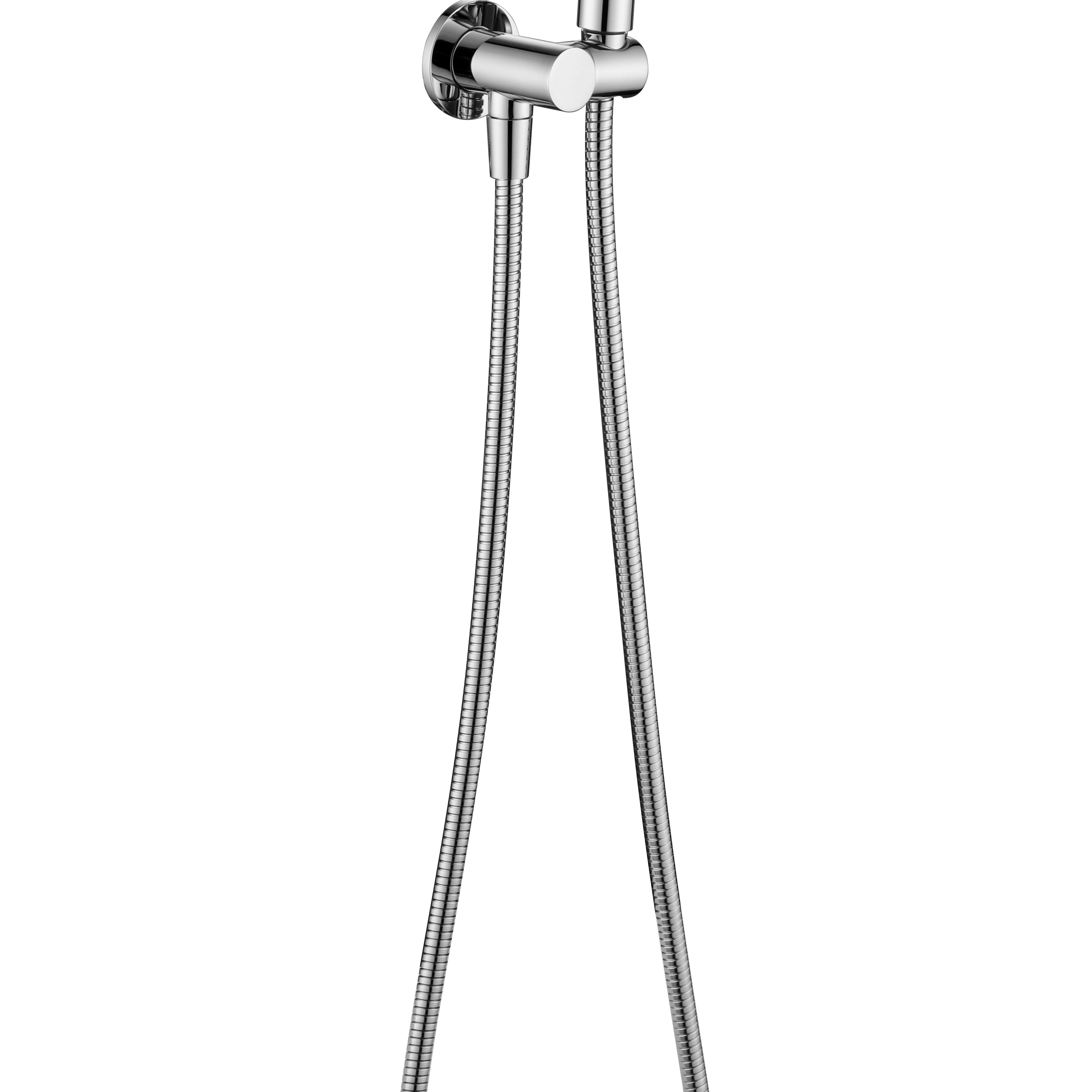 a chrome shower handpiece mounted on a bracket, with a hose attached to it on a white background
