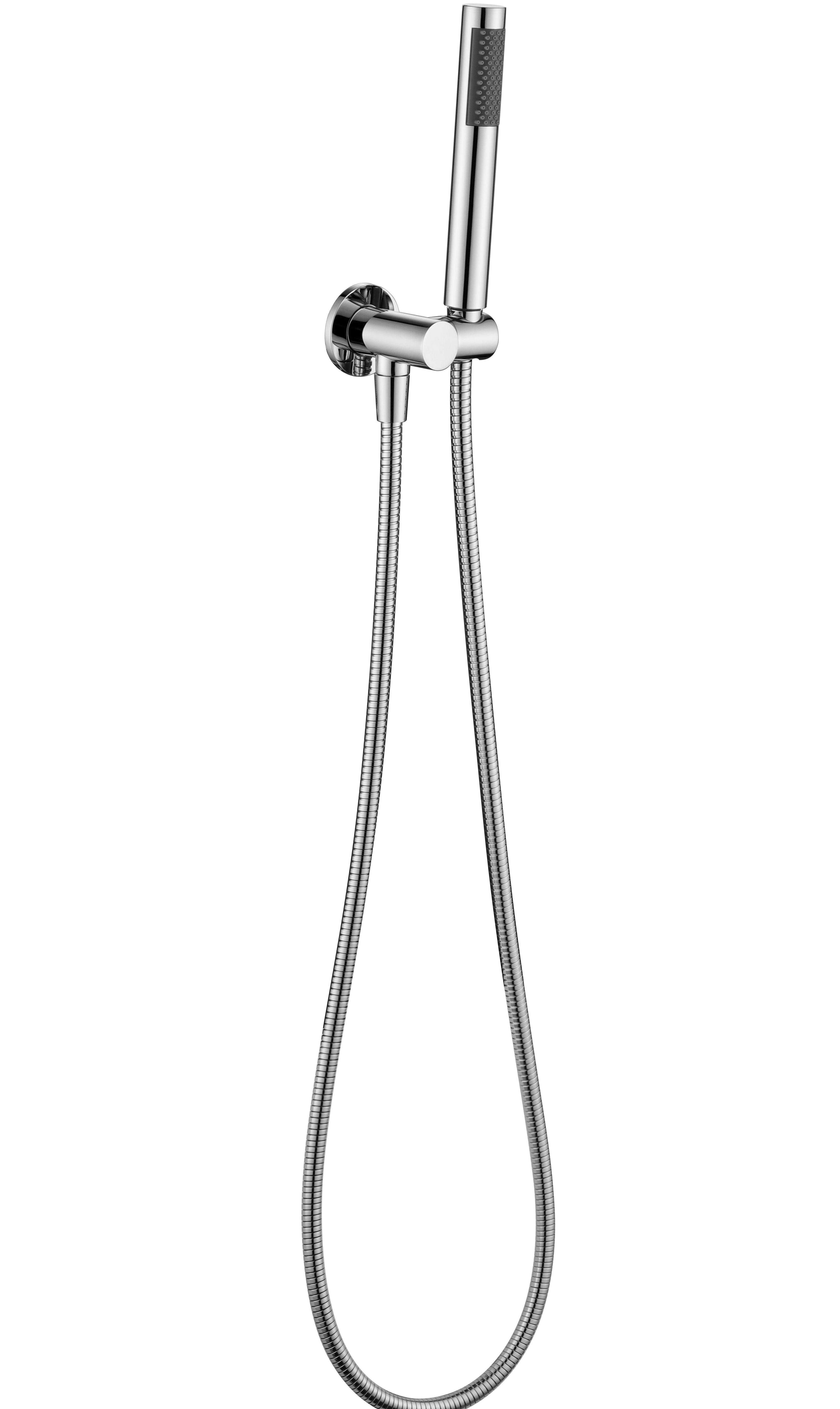 a chrome shower handpiece mounted on a bracket, with a hose attached to it on a white background