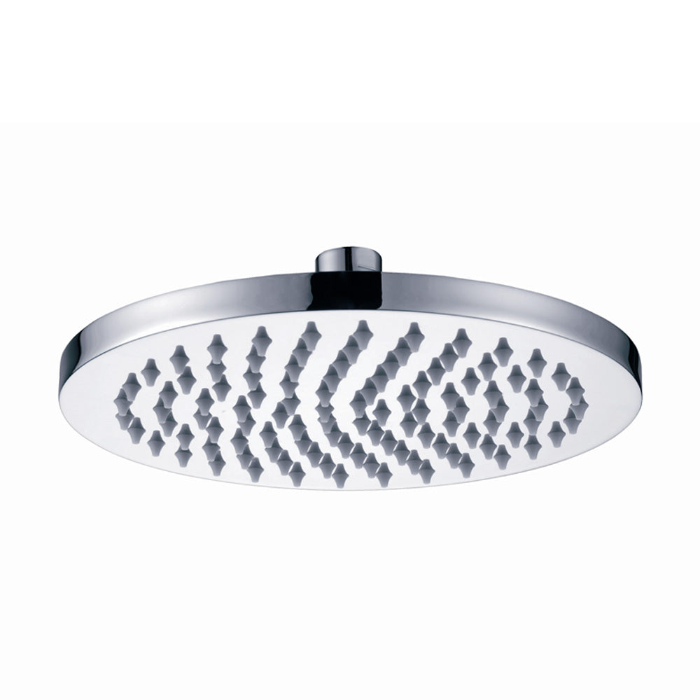 a chrome showerhead on a white background