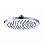 a chrome showerhead on a white background