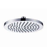 a chrome showerhead on a white background