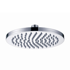 a chrome showerhead on a white background