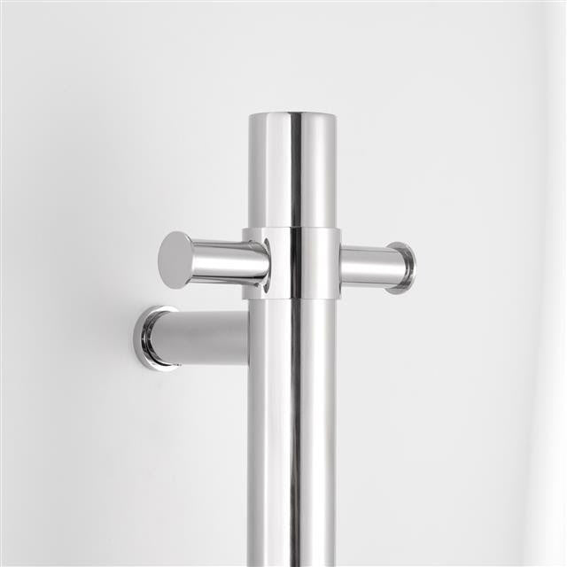 chrome single upright bar heated towel rail on a white background lifestle
