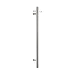 chrome single upright bar heated towel rail on a white background