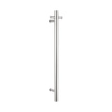 chrome single upright bar heated towel rail on a white background