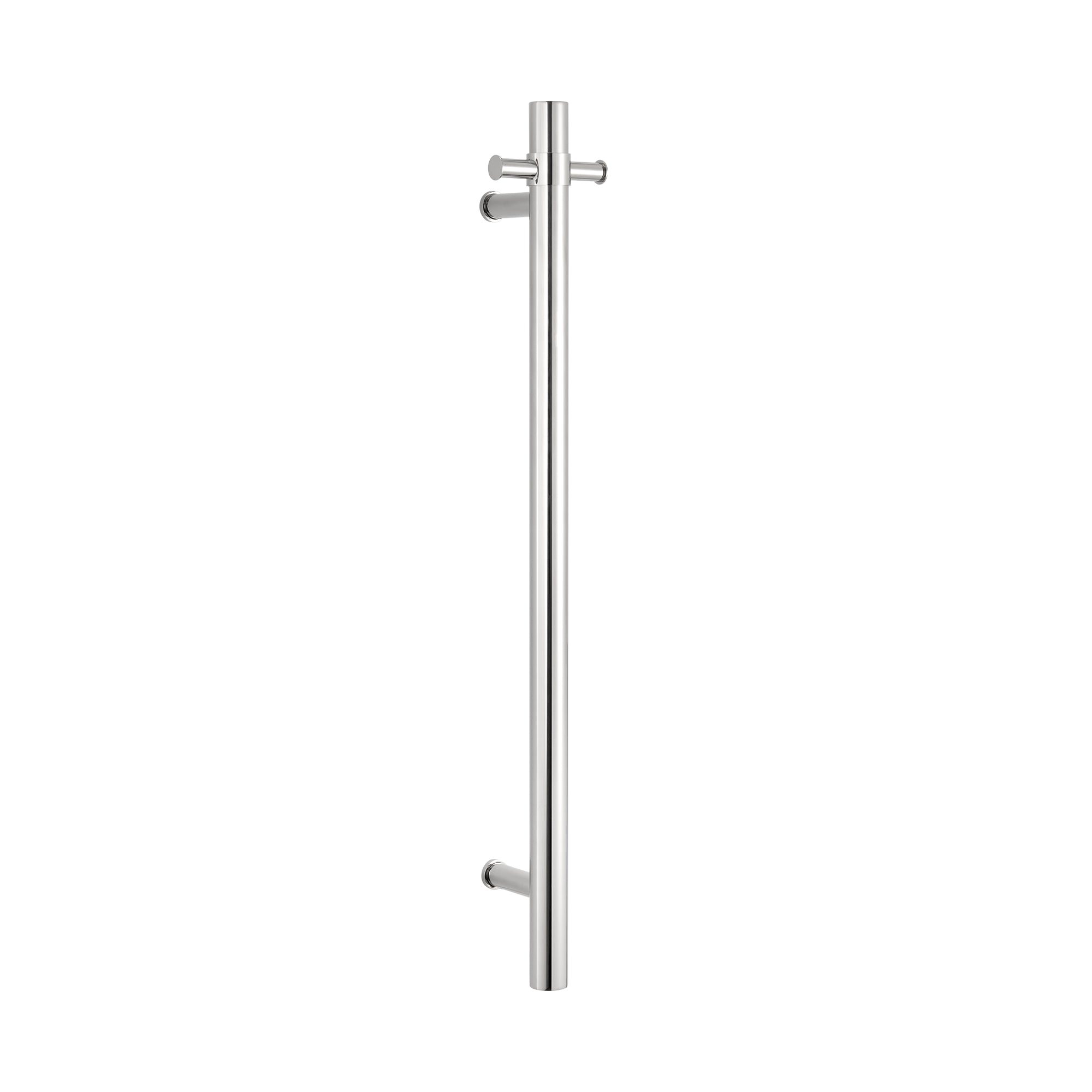 chrome single upright bar heated towel rail on a white background