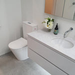 Modern bathroom with toilet, sink, vanity and chrome toilet roll holder.