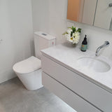 Modern bathroom with toilet, sink, vanity and chrome toilet roll holder.