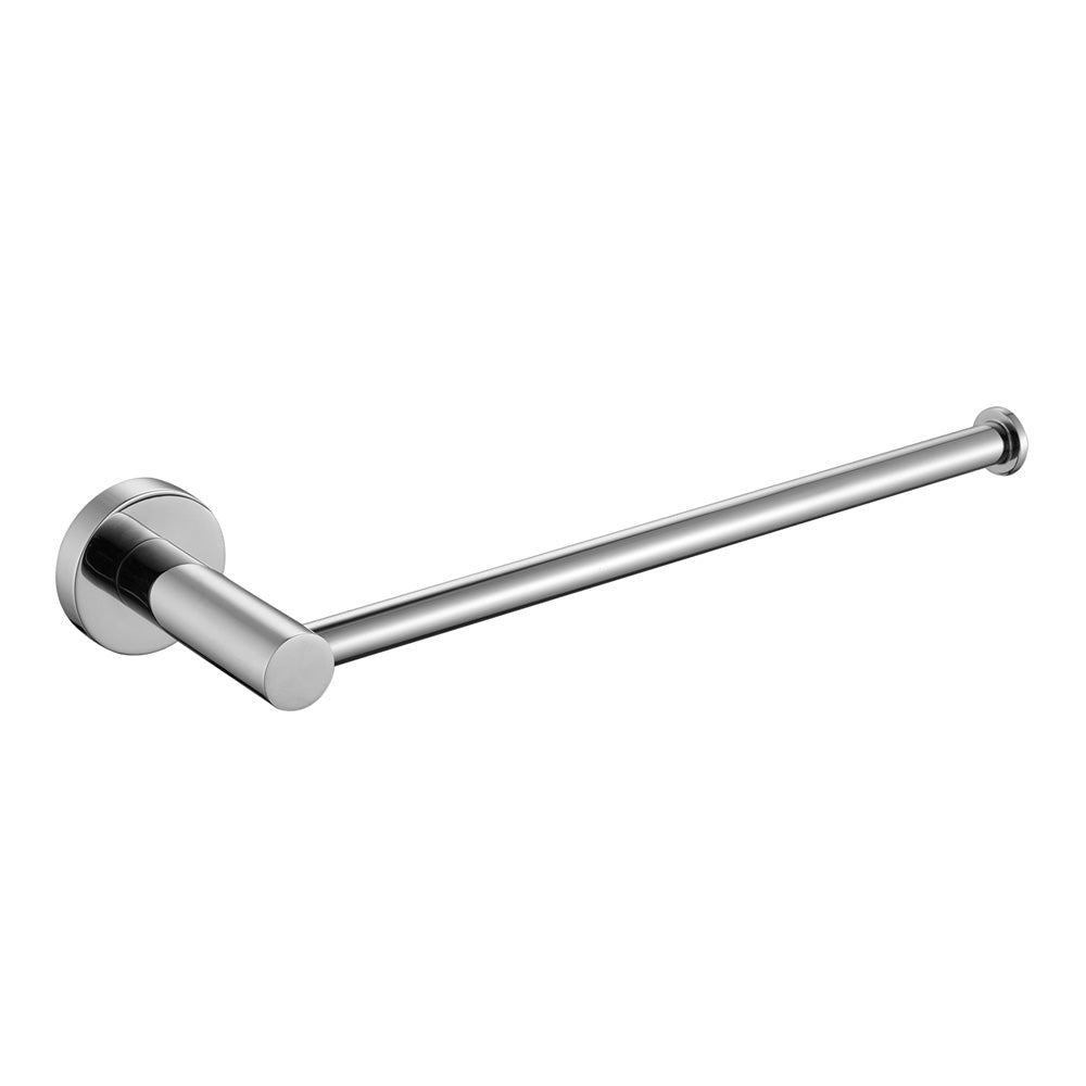 A chrome hand towel holder rail with a mounting bracket on a white background.