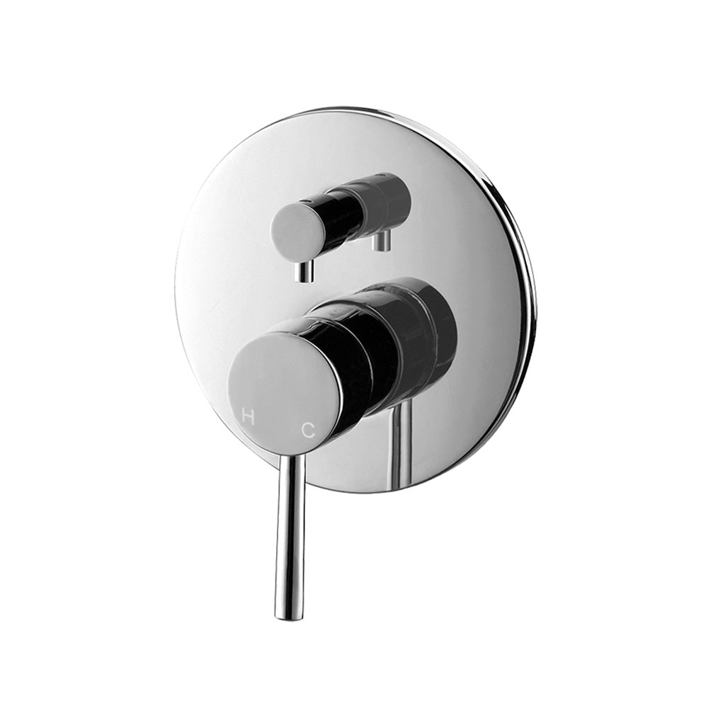 A wall-mounted chrome mixer with diverter, featuring two knobs for control on a white background.
