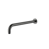 Gun metal round wall mounted shower arm on a white background