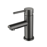 A gunmetal basin mixer tap with a round spout on a white background