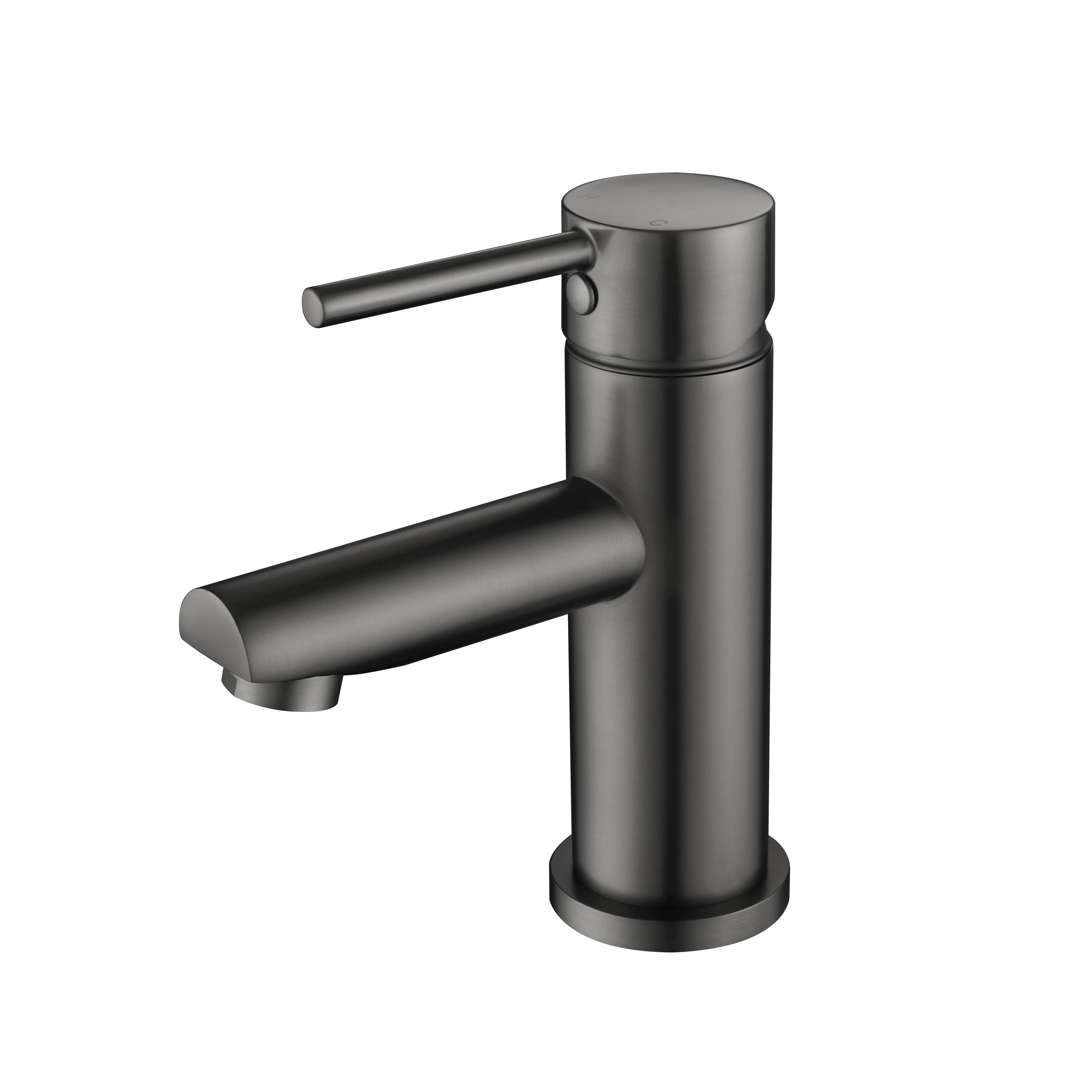 A gunmetal basin mixer tap with a round spout on a white background