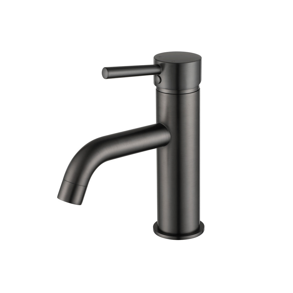 A gunmetal basin mixer tap with a curved spout on a white background
